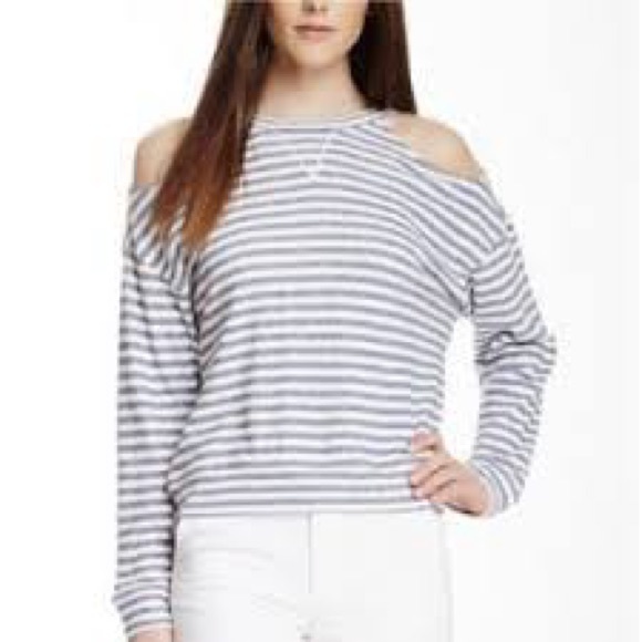 { BCBG Max Azria Top } Striped Sweatshirt With Shoulder Cut Outs Eznei - Picture 8 of 9